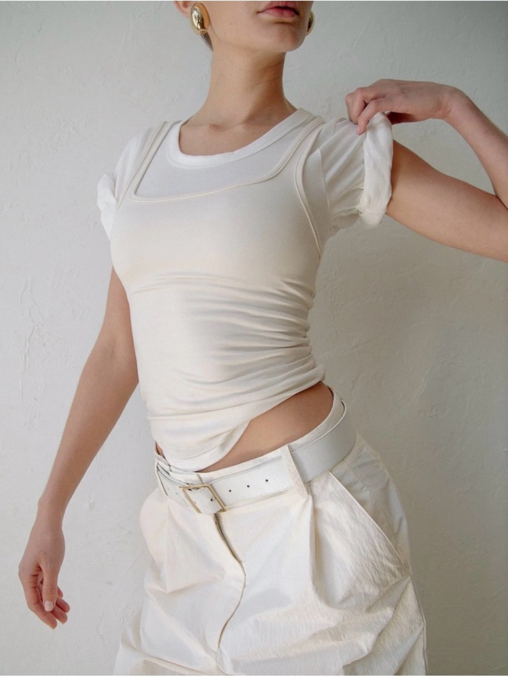 The Line By K - Daqi Top - Vanilla Layered Roll Sleeve T-Shirt